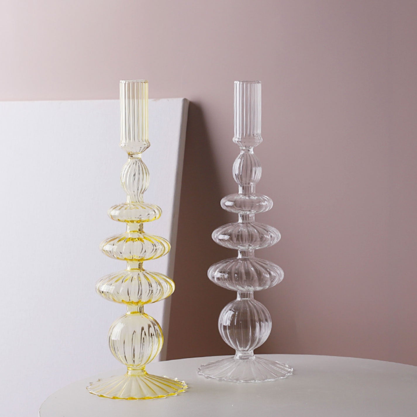 Ribbed Glass Candleholders - Pastel