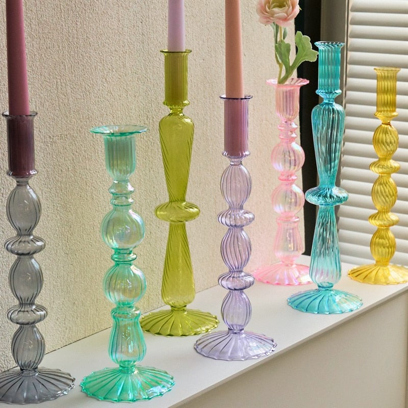Ribbed Glass Candleholders - Pastel - view 2