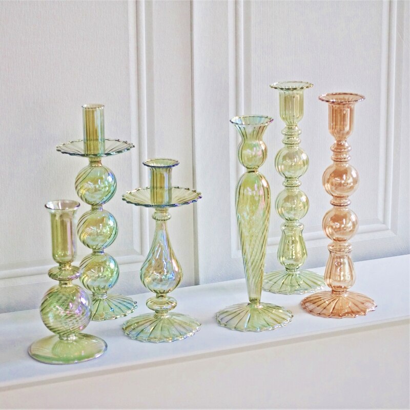 Ribbed Glass Candle Holders - Green