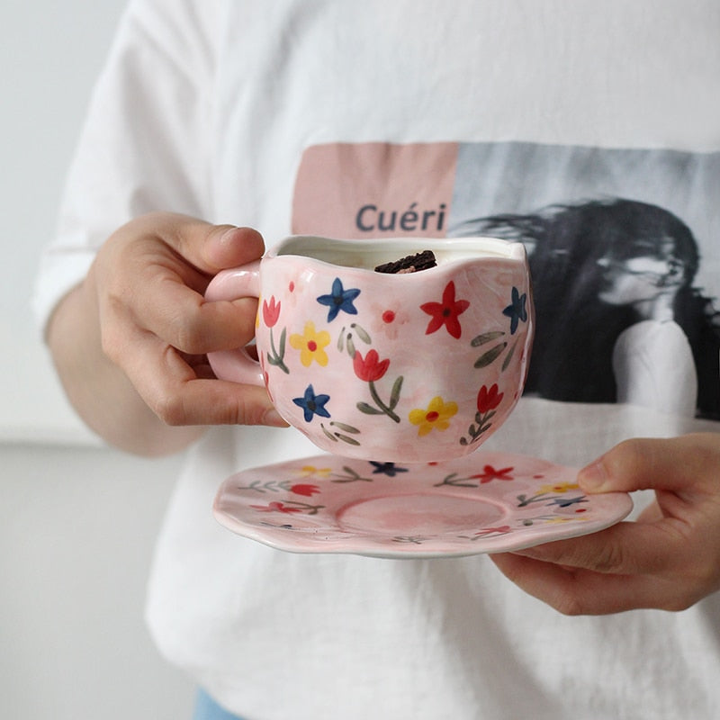 Hand-painted Flower Ceramic Mug + Saucer