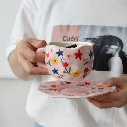 Hand-painted Flower Ceramic Mug + Saucer