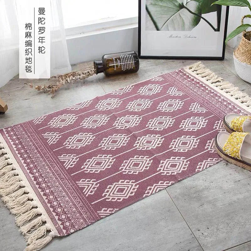 Retro Bohemia Hand Woven Cotton Linen Carpet Tassel Rug Floor Mat Tapestry Decorative Blanket Home Decor - view 16