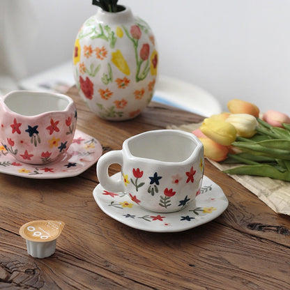 Hand-painted Flower Ceramic Mug + Saucer