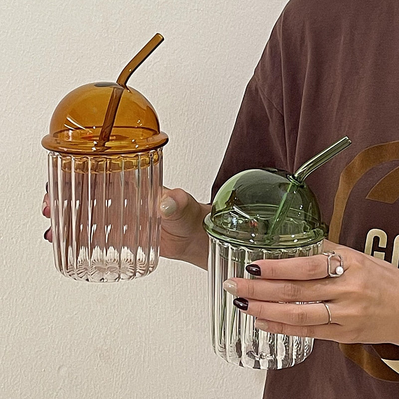 Ribbed Glass Cup with Lid & Straw