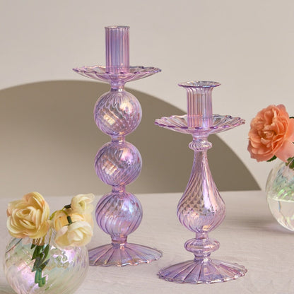 Ribbed Glass Candle Holders - Lilac