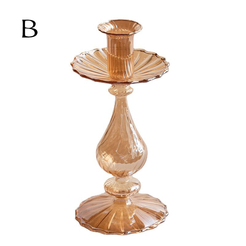 Ribbed Glass Candle Holders - Amber