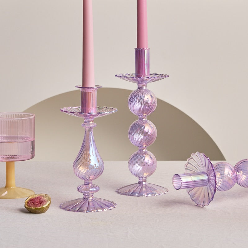 Ribbed Glass Candle Holders - Lilac