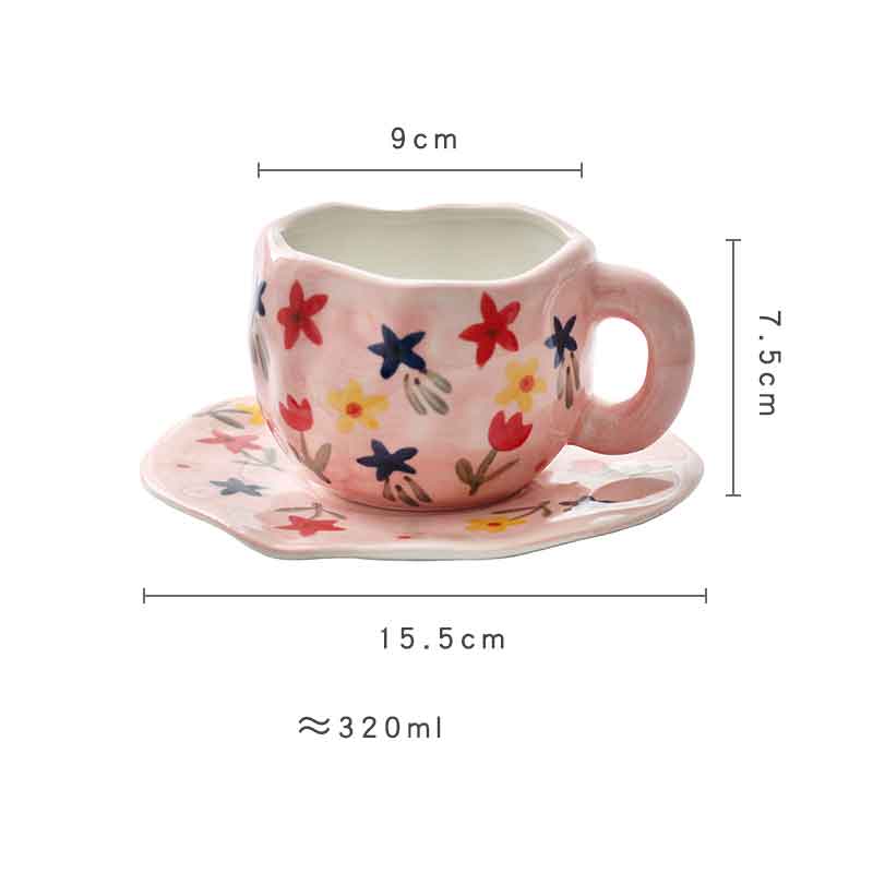 Hand-painted Flower Ceramic Mug + Saucer