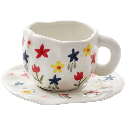 Hand-painted Flower Ceramic Mug + Saucer