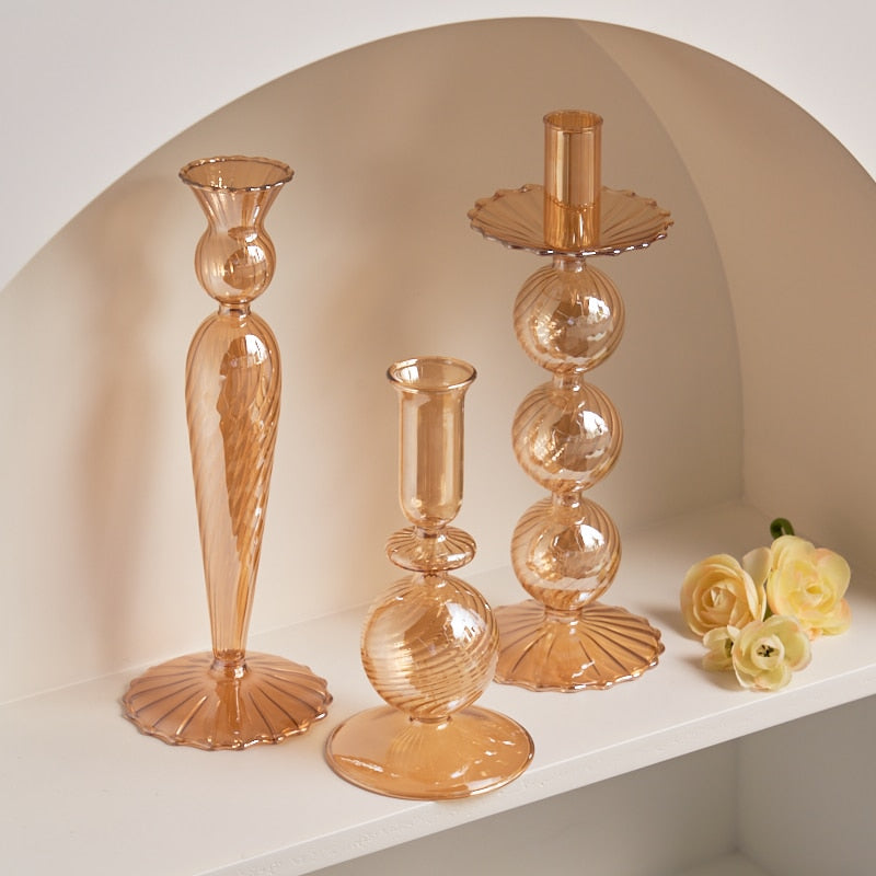 Ribbed Glass Candle Holders - Amber