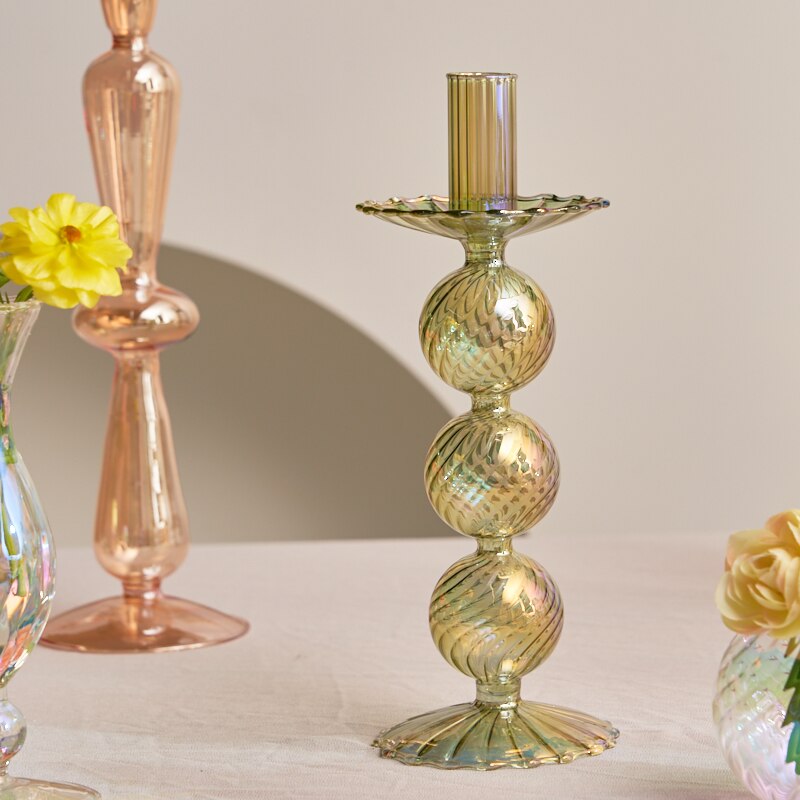 Ribbed Glass Candle Holders - Green - view 4