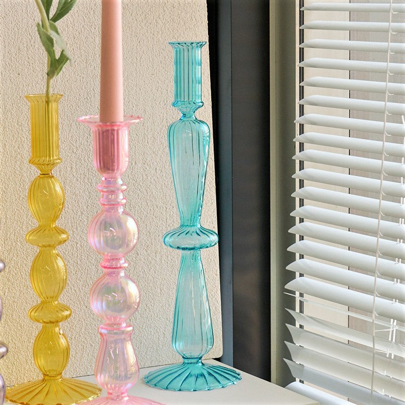 Ribbed Glass Candleholders - Pastel - view 4