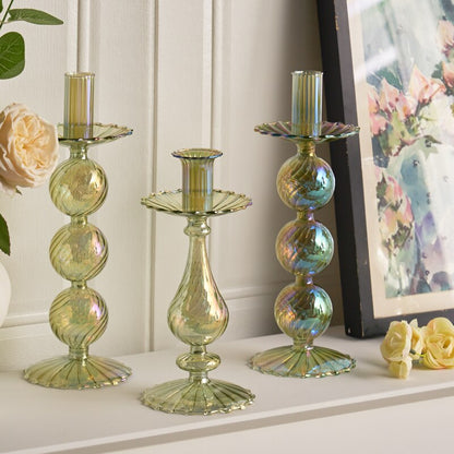 Ribbed Glass Candle Holders - Green