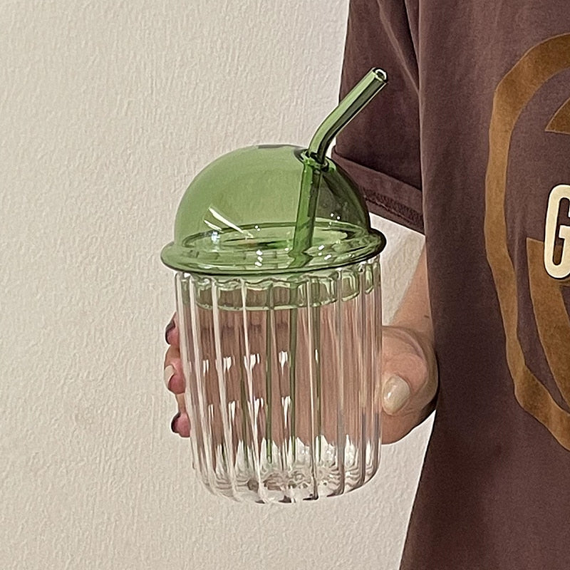 Ribbed Glass Cup with Lid & Straw