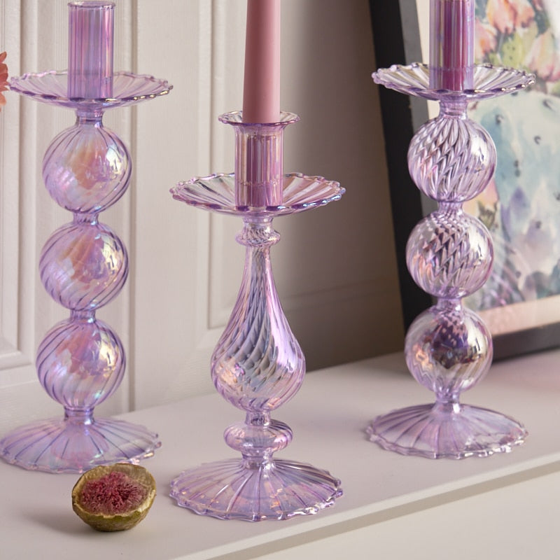 Ribbed Glass Candle Holders - Lilac