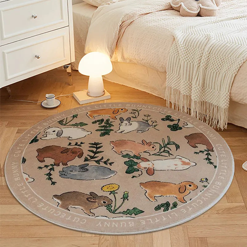 Cute Rabbit Carpet Soft Bedroom Rugs Round Bedside Area Rug Baby Playmats Floor Mat Kids Room Soft Floor Mat for Bedroom Dear