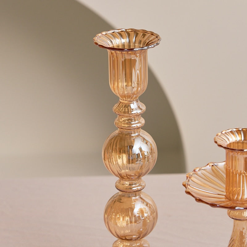 Ribbed Glass Candle Holders - Amber