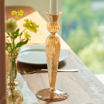 Ribbed Glass Candle Holders - Amber