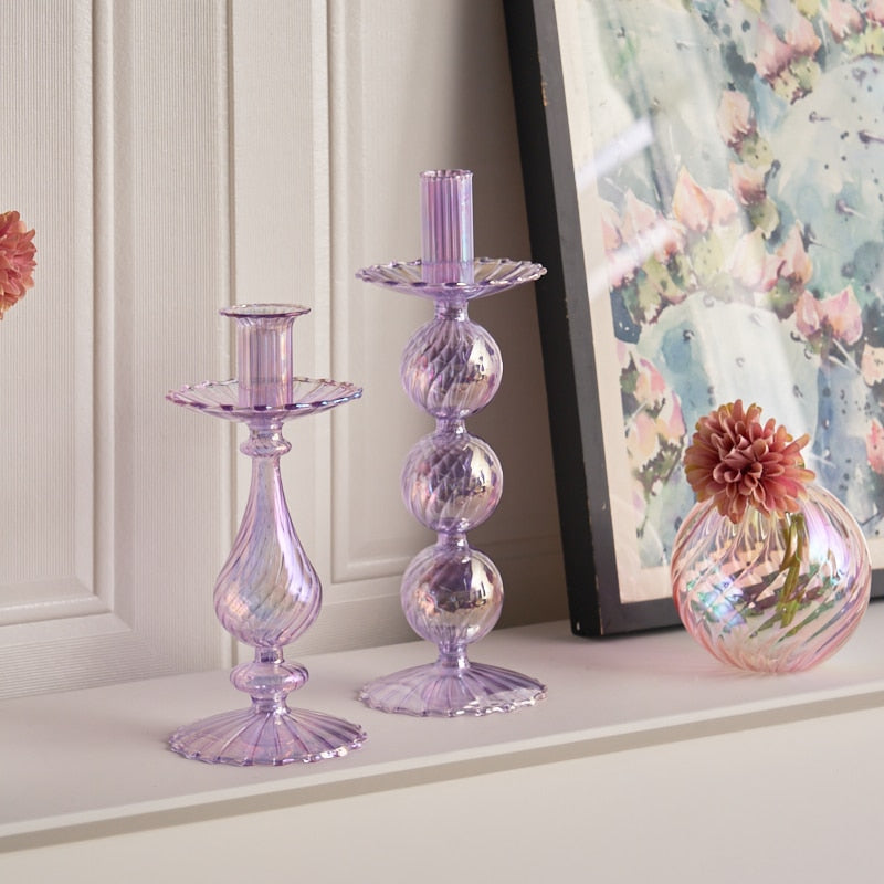 Ribbed Glass Candle Holders - Lilac