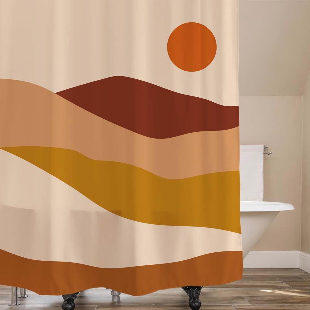 Feblilac Abstract Sun Rise and Mountains Shower Curtain with Hooks, Bathroom Curtains with Ring, Unique Bathroom décor, Boho Shower Curtain, Customized Bathroom Curtains, Extra Long Shower Curtain
