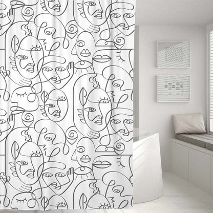 Feblilac Black and White Abstract Faces Art Lines Curtain with Hooks, Bathroom Curtains with Ring, Unique Bathroom décor, Boho Shower Curtain, Customized Bathroom Curtains, Extra Long Shower Curtain