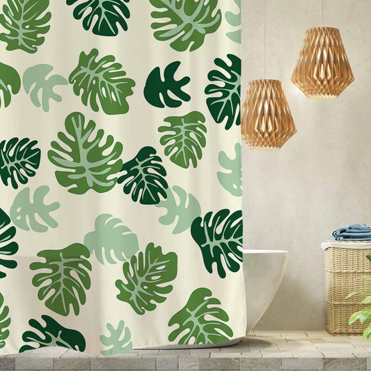 Feblilac Green Leaves Monstera Eliciosa Shower Curtain with Hooks - Feblilac® Mat