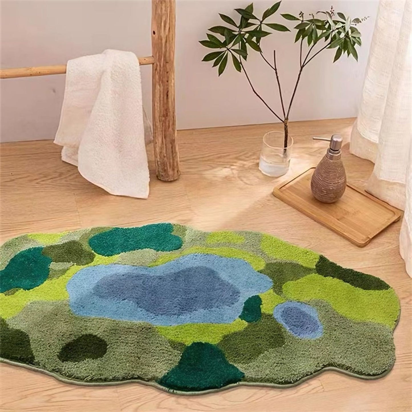 Green Moss Soft Fluffy Rug, Lake Bedroom Runner Mat
