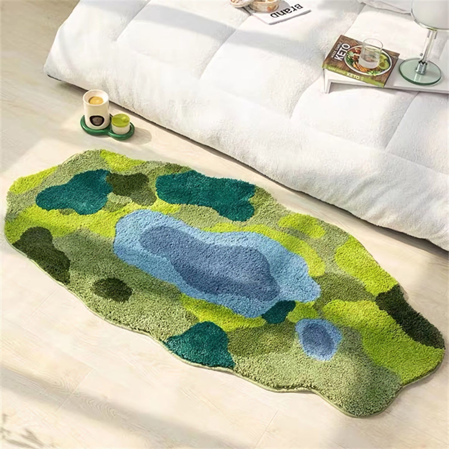 Green Moss Soft Fluffy Rug, Lake Bedroom Runner Mat