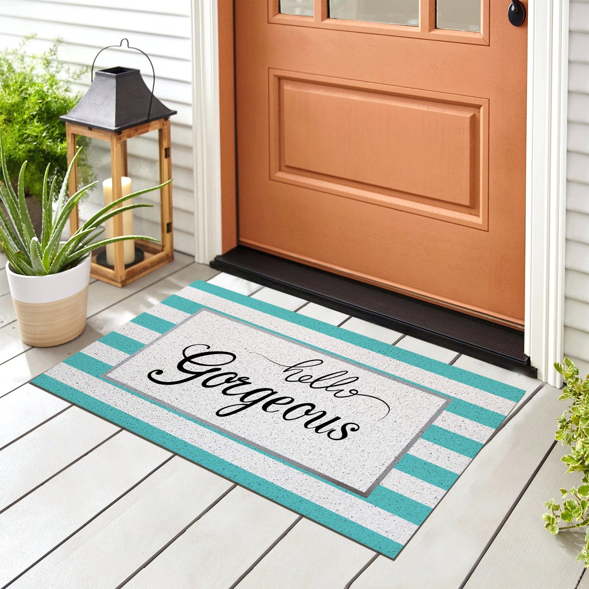 Feblilac Hello Gorgeous Blue Stripe Door Mat, Quotation Welcome Doormat, Anti Skid PVC Coil Outdoor Mats, Front Mat for Home, Washable Entryway Doormat - Feblilac® Mat