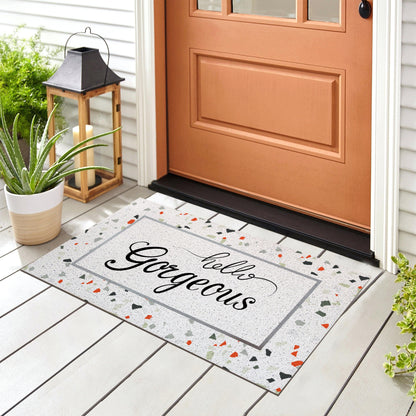 Feblilac Hello Gorgeous Terrazzo Pattern Door Mat, Quotation Welcome Doormat, Anti Skid PVC Coil Outdoor Mats, Front Mat for Home, Washable Entryway Doormat - Feblilac® Mat
