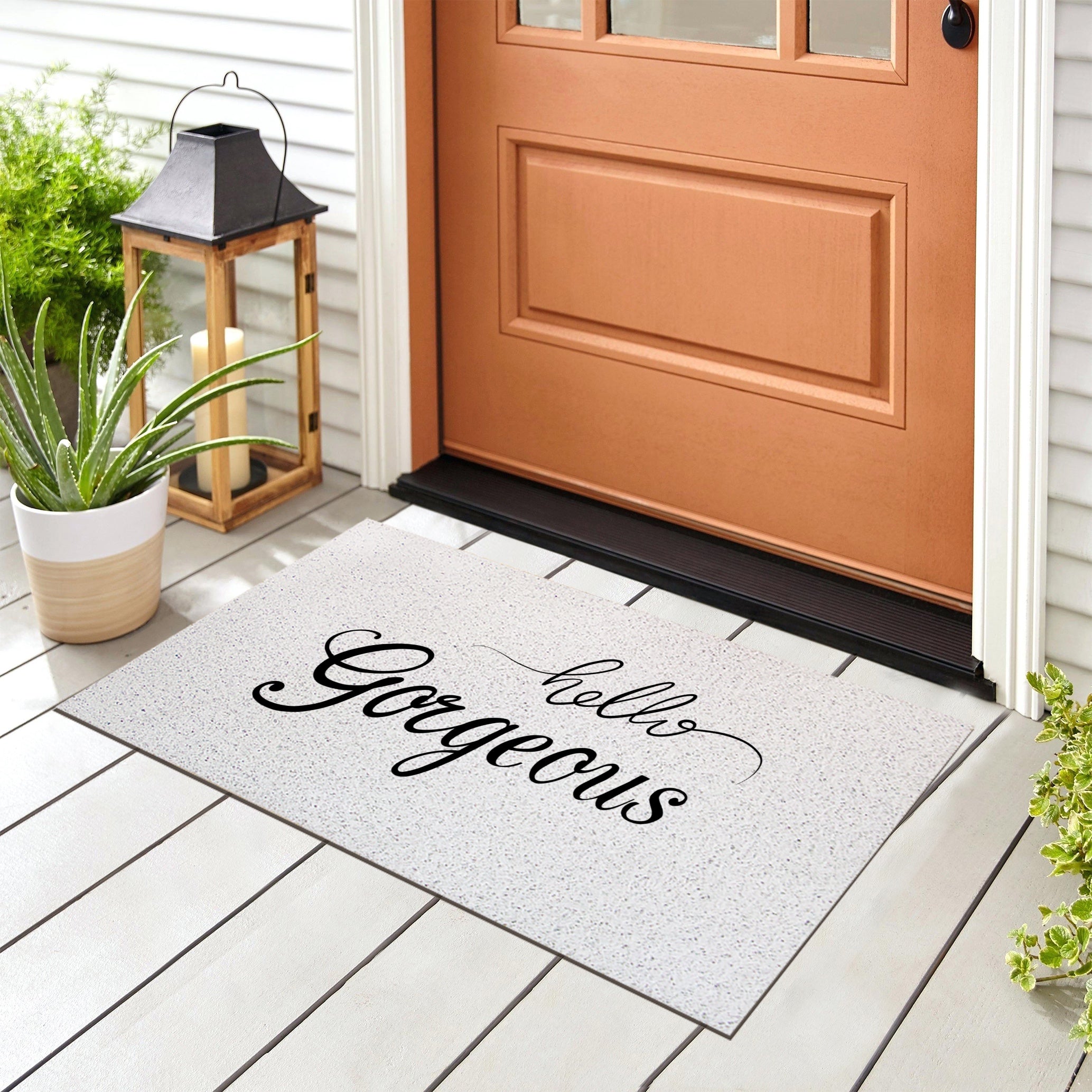 Feblilac Hello Gorgeous White Ground Door mat, Quotation Welcome Doormat, Anti Skid PVC Coil Outdoor Mats, Front Mat for Home, Washable Entryway Doormat - Feblilac® Mat