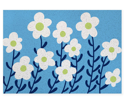 Feblilac White Flower and Blue Ground Door Mat, Country Style Flower Patio Welcome Doormat, Anti Skid PVC Coil Outdoor Mats, Front Mat for Home, Washable Entryway Doormat - Feblilac® Mat