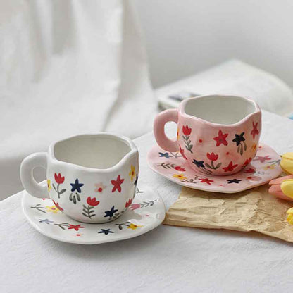 Hand-painted Flower Ceramic Mug + Saucer