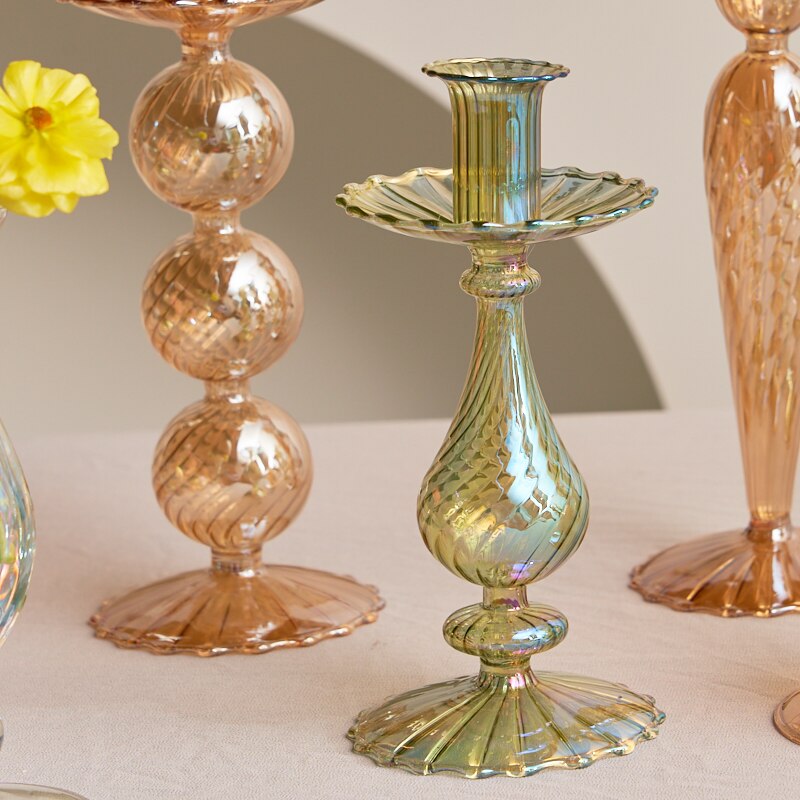 Ribbed Glass Candle Holders - Green