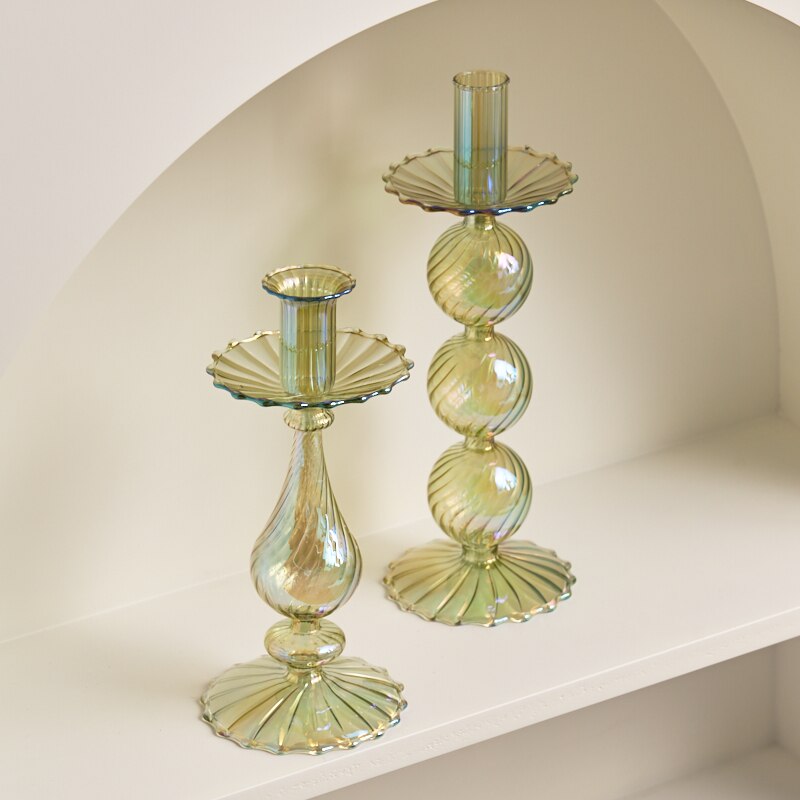 Ribbed Glass Candle Holders - Green