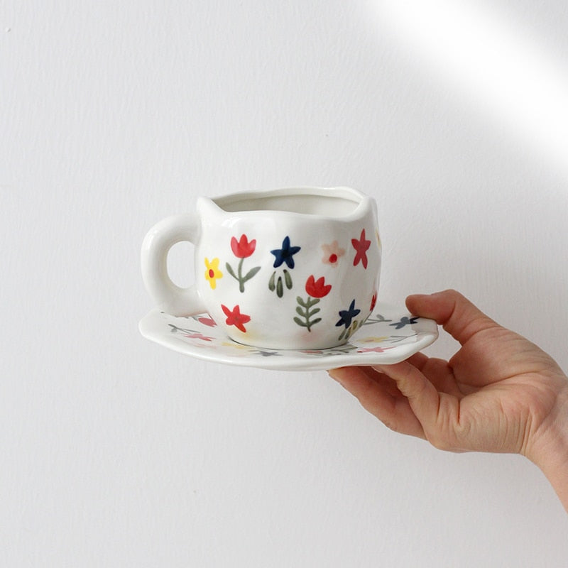 Hand-painted Flower Ceramic Mug + Saucer
