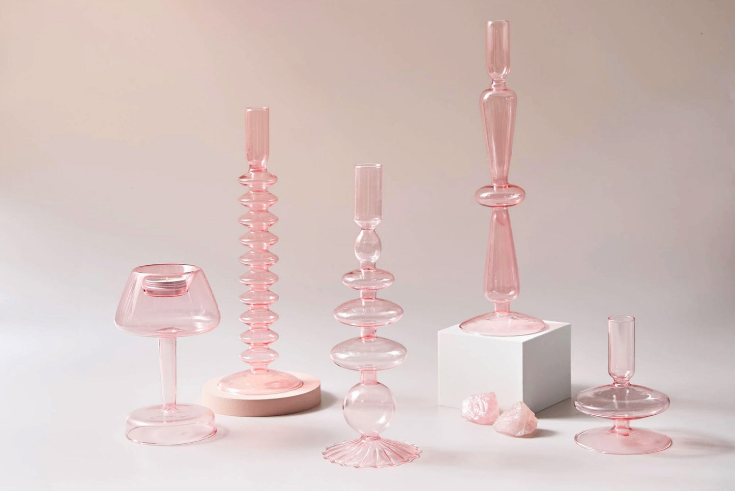 Modern Glass Candleholder-Baby Pink