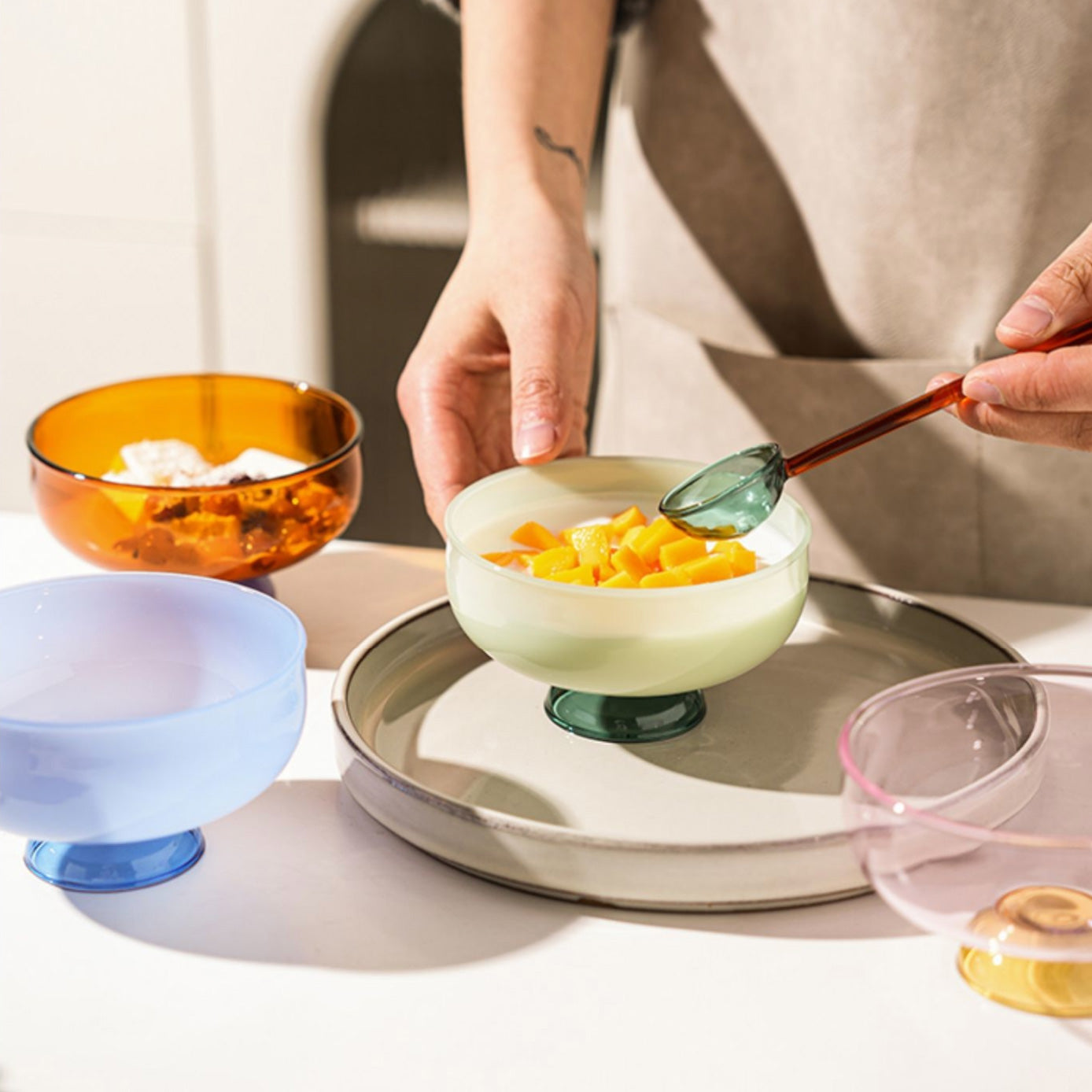 Colourful Borosilicate Dessert Bowl with Spoon