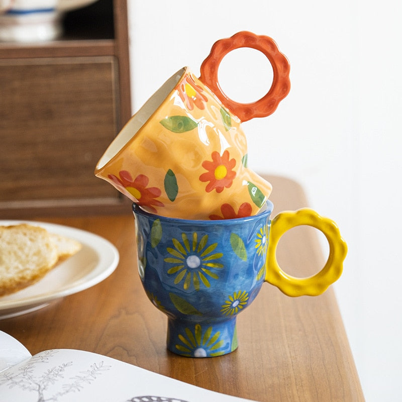 Handmade Flower Mug with Scallop Handle - 2 Colours