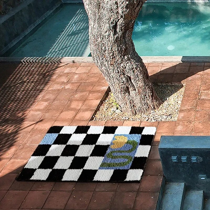 Retro Chessboard Plaid Bath Mats Fluffy Grids, Checkerboard Mat for Bathroom