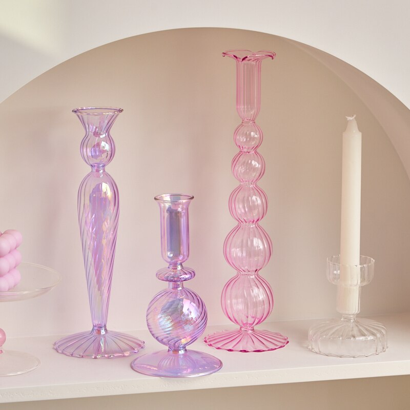 Ribbed Glass Candle Holders - Lilac