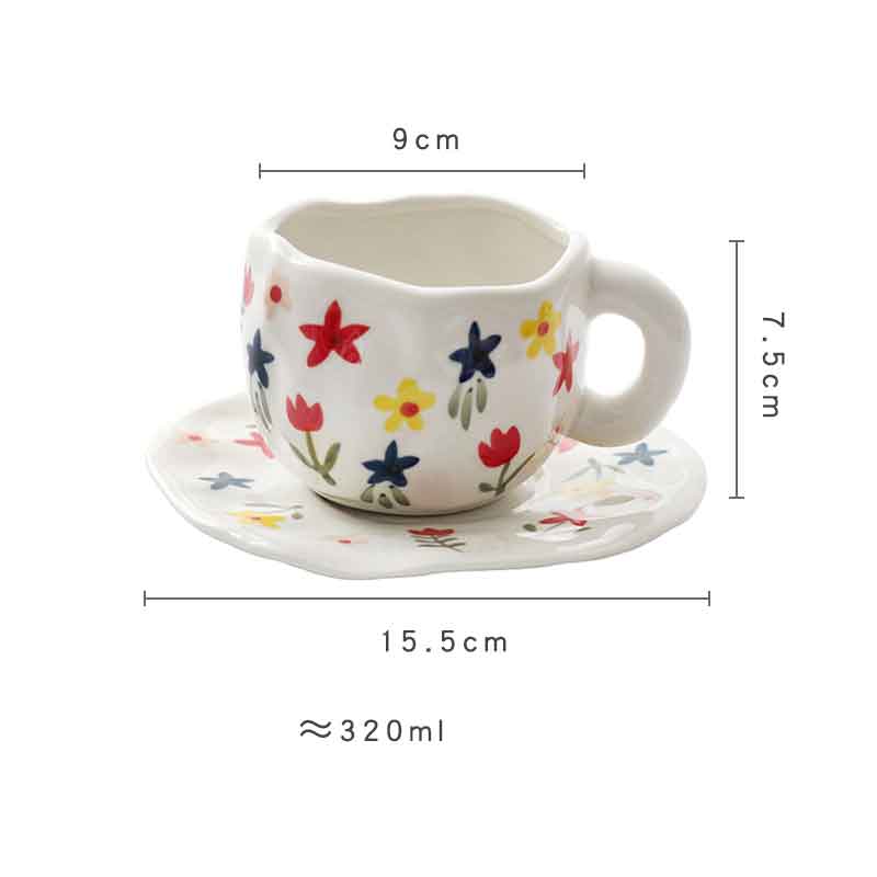 Hand-painted Flower Ceramic Mug + Saucer