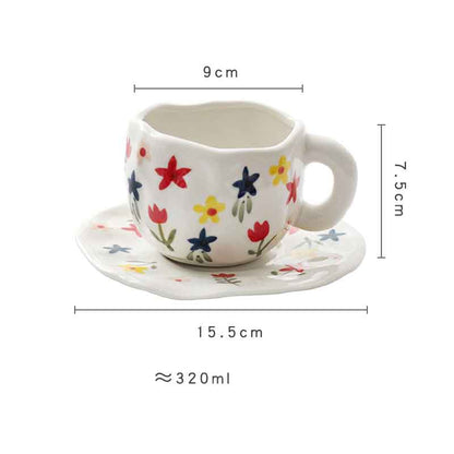 Hand-painted Flower Ceramic Mug + Saucer