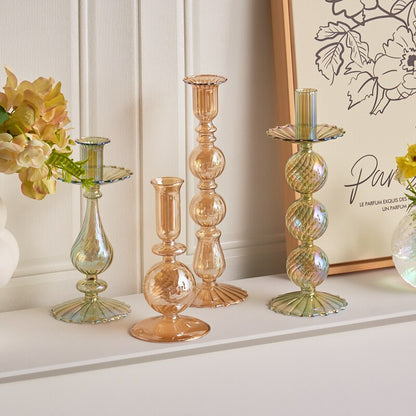 Ribbed Glass Candle Holders - Green