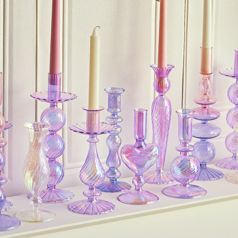 Ribbed Glass Candle Holders - Lilac