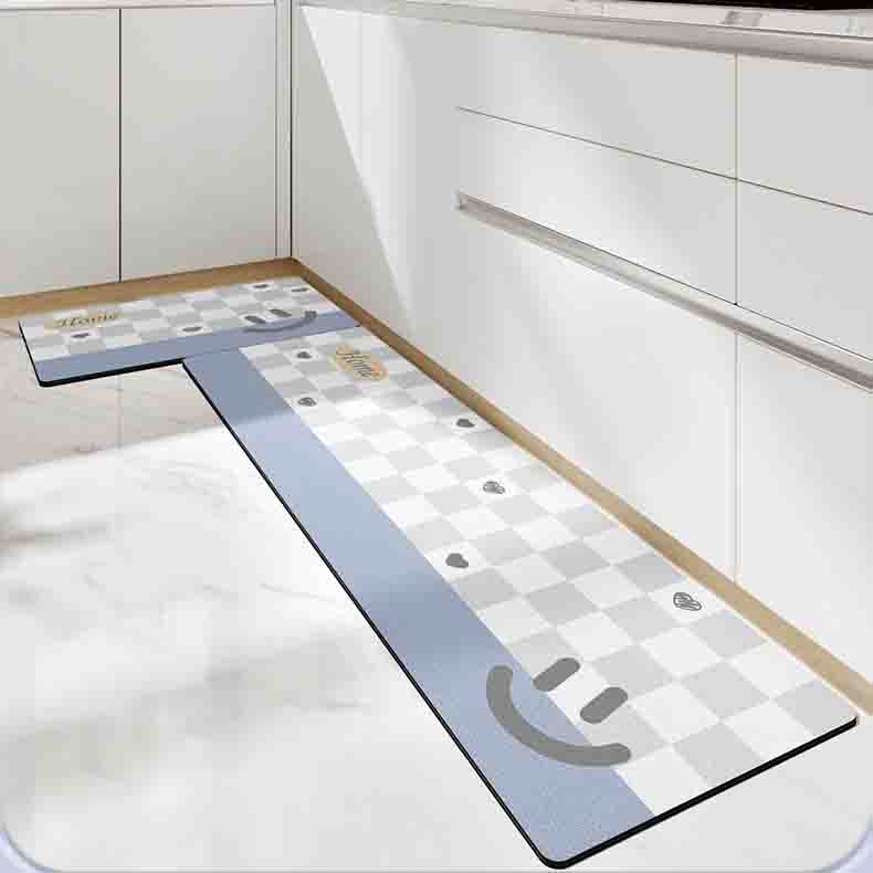 Feblilac Smiling Grey and Light Blue Checker Board PVC Leather Kitchen Mat - Feblilac® Mat