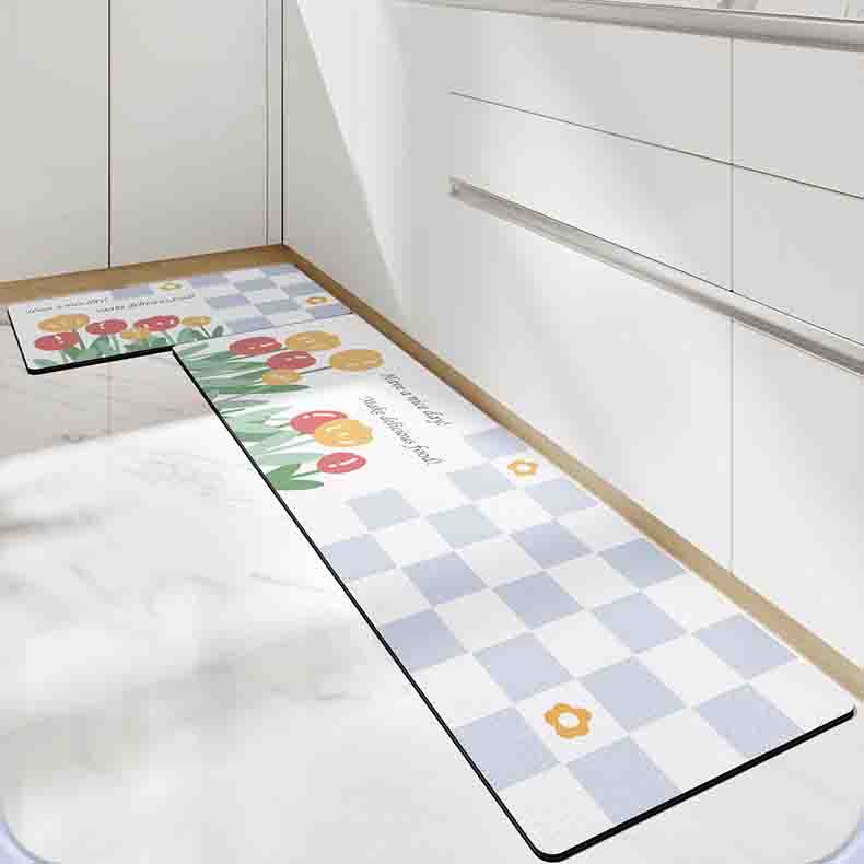 Feblilac Tulip White and Blue Checkerboard PVC Leather Kitchen Mat - Feblilac® Mat