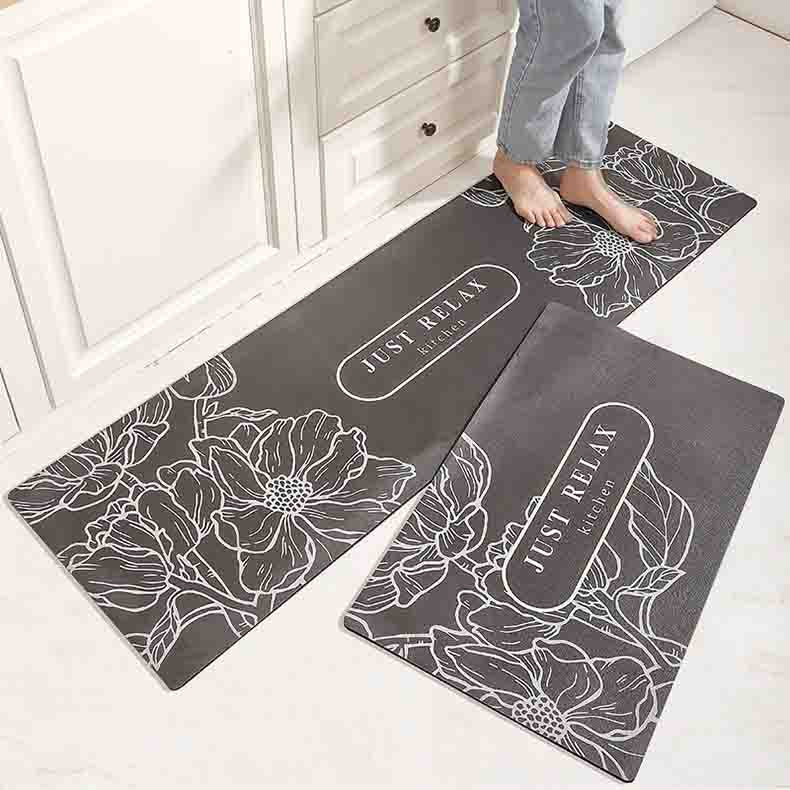 Feblilac White Flower Line Dark Grey Ground PVC Leather Kitchen Mat - Feblilac® Mat