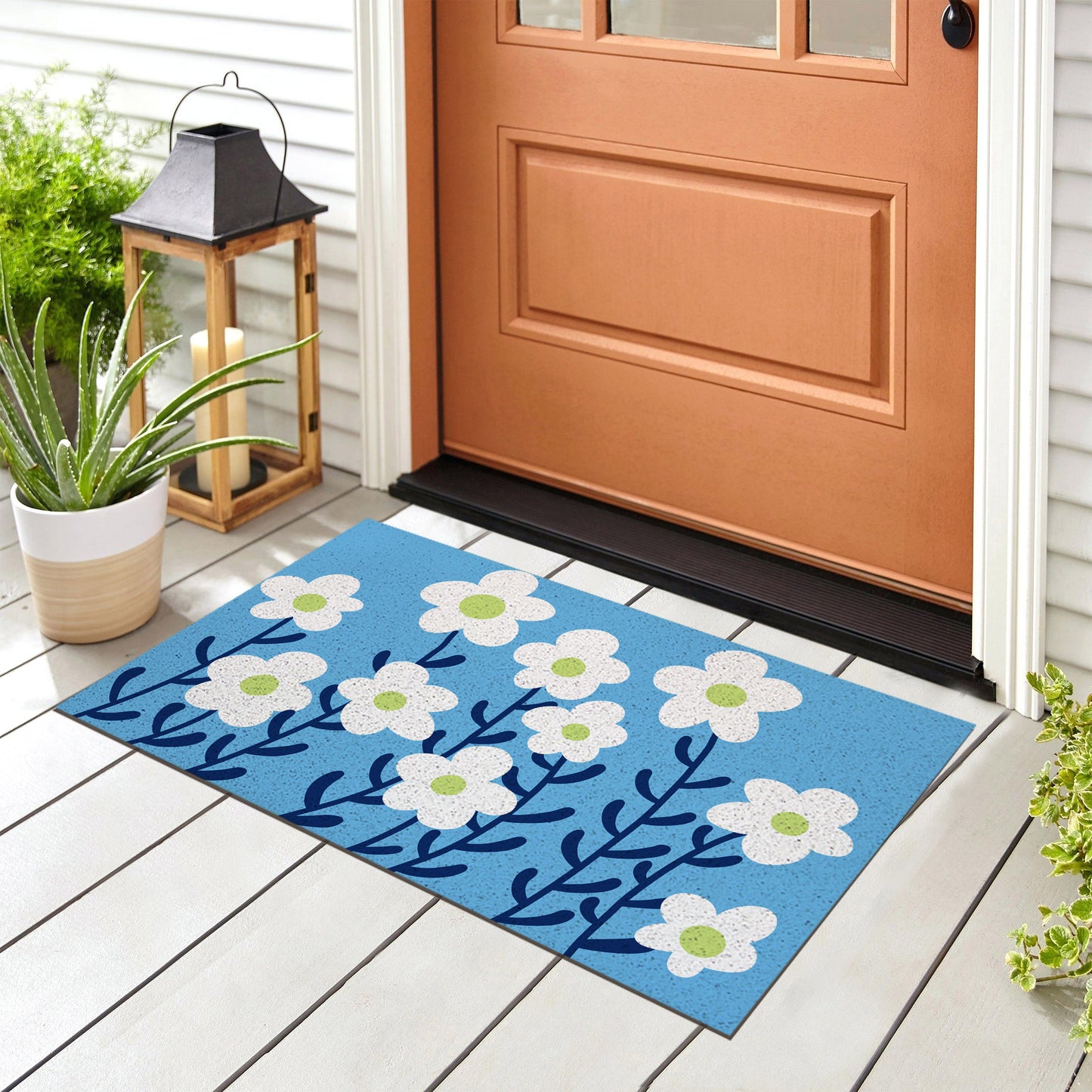 Feblilac White Flower and Blue Ground Door Mat, Country Style Flower Patio Welcome Doormat, Anti Skid PVC Coil Outdoor Mats, Front Mat for Home, Washable Entryway Doormat - Feblilac® Mat