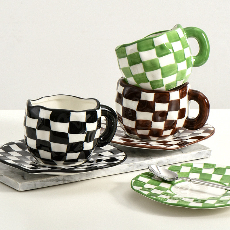 Nordic Style Checkerboard Mug, Ceramic Coffee Tea Cup with Saucer